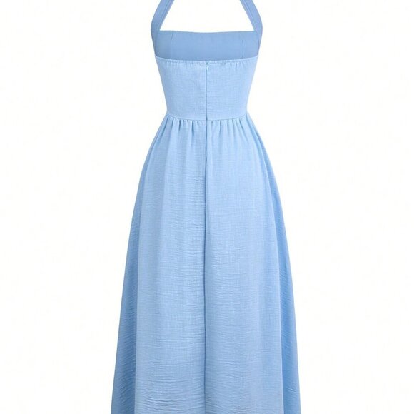 Blue Casual Women's Vacation Hanging Neck Elegant Long Dress - Picture 6 of 11